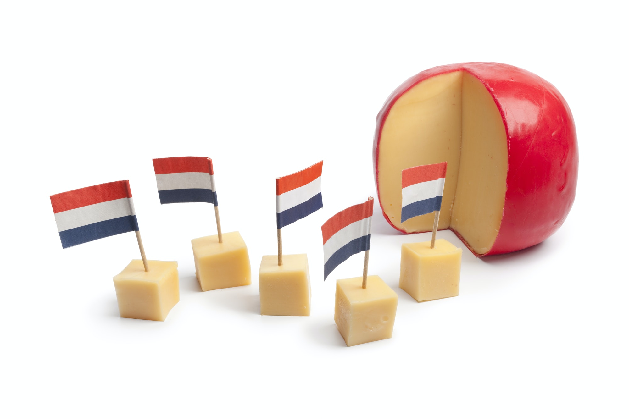 Dutch Edam cheese blocks with the Dutch flag